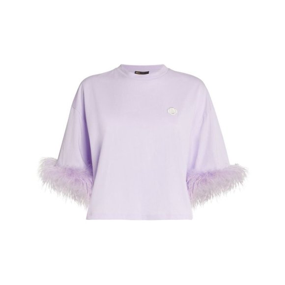 Maje Plume Feather-Trim Tee Purple Sz 2 T-shirt Lilac - Picture 2 of 7
